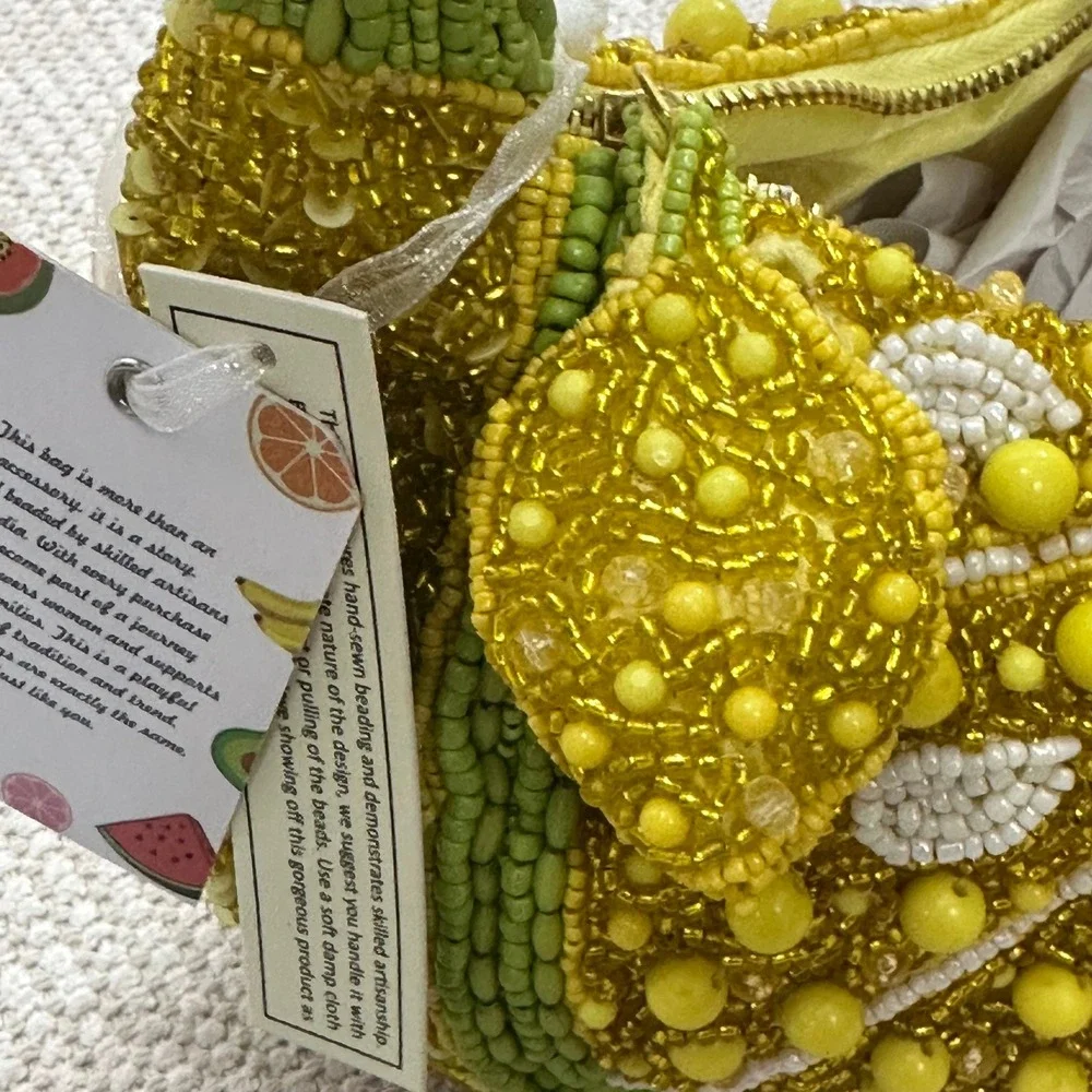 Handcrafted Beaded Lemon Slice Hobo Bag Yellow Green Citrus Fruit Novelty NWT